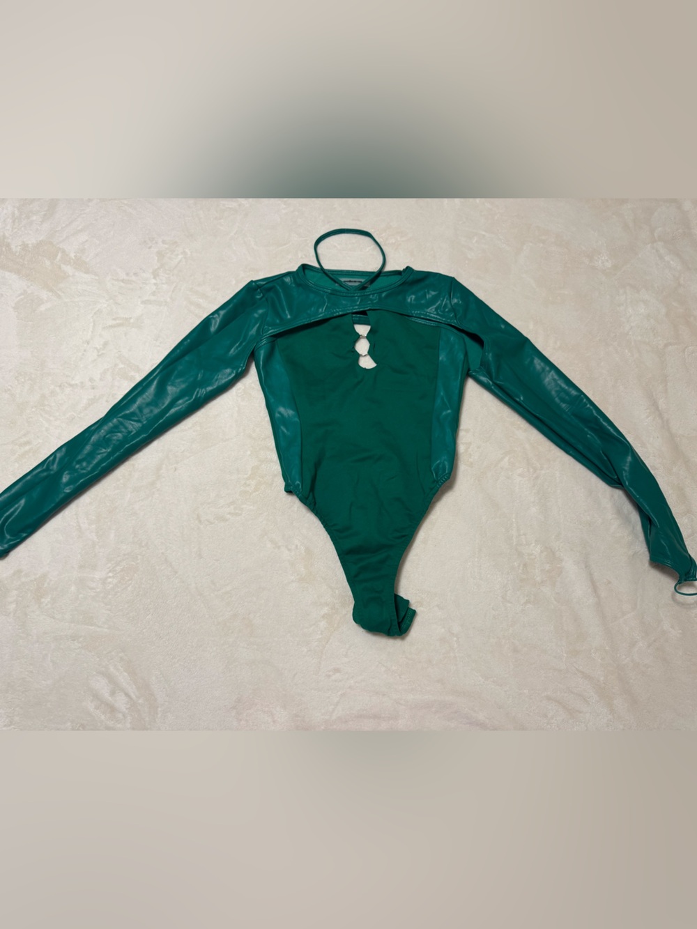 Maniere De Voir Teal Green Long-Sleeve Mock Neck Cutout Bodysuit